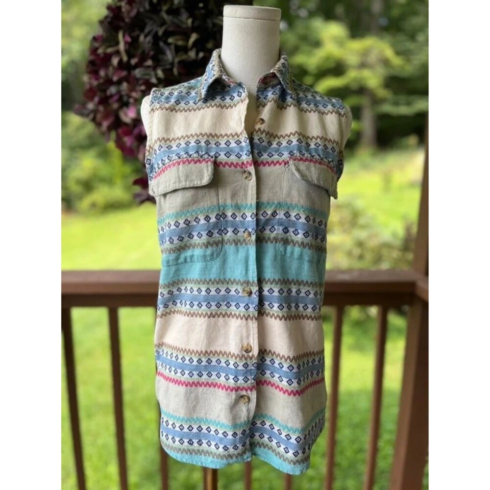 Vintage 90s Kikomo Southwestern Geometric Sleeveless Cotton Shirt Vest Size S